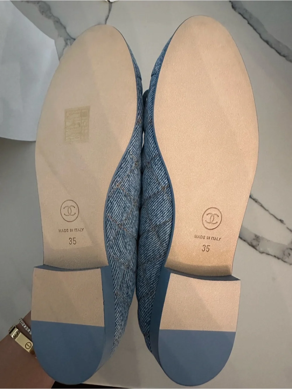 CHANEL Light Blue Quilted Denim Ballet Flats 35 NEW